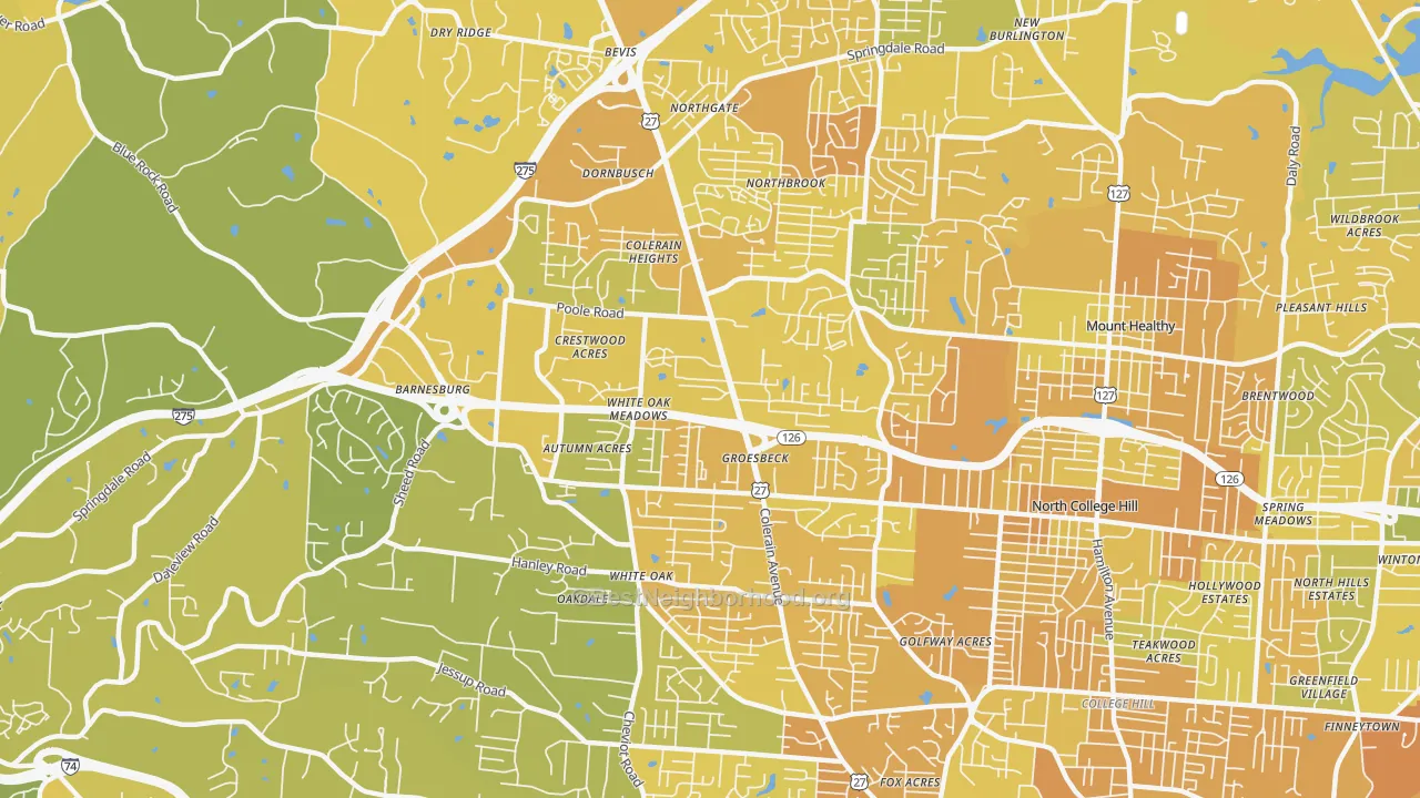 Map of the best neighborhoods in the Groesbeck, Cincinnati area, with better matches in green and worse matches in red