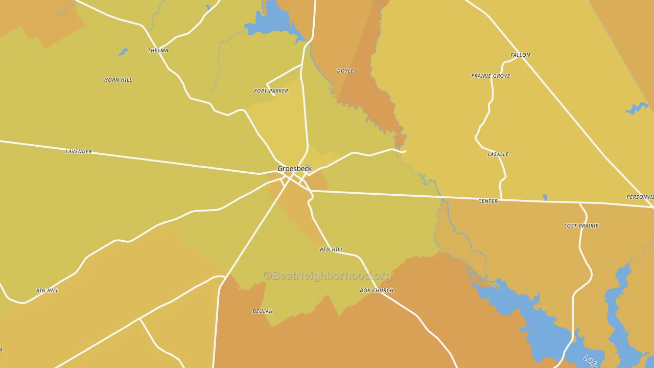 Map of the best neighborhoods in the Groesbeck area, with better matches in green and worse matches in red