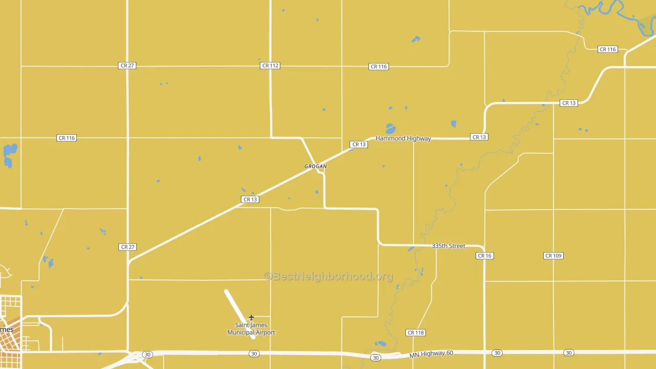 Map of the best neighborhoods in the Grogan area, with better matches in green and worse matches in red
