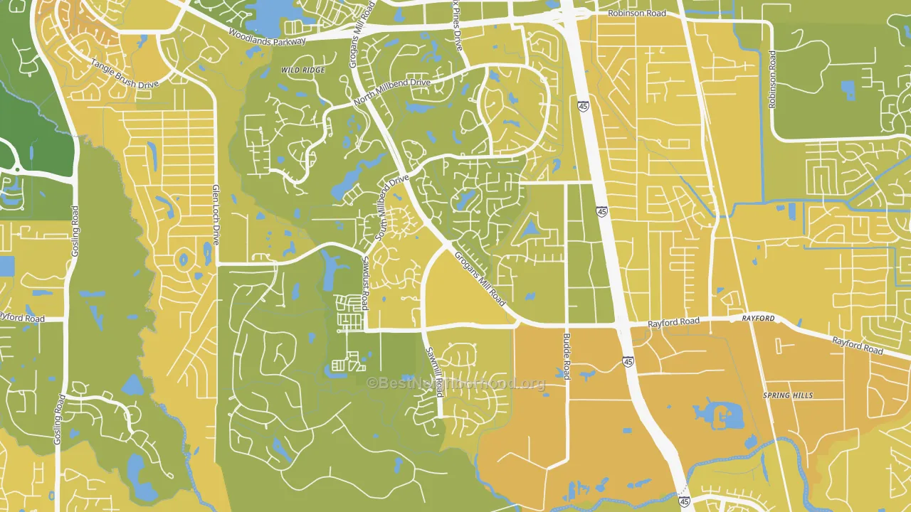 Map of the best neighborhoods in the Grogan's Mill, The Woodlands area, with better matches in green and worse matches in red