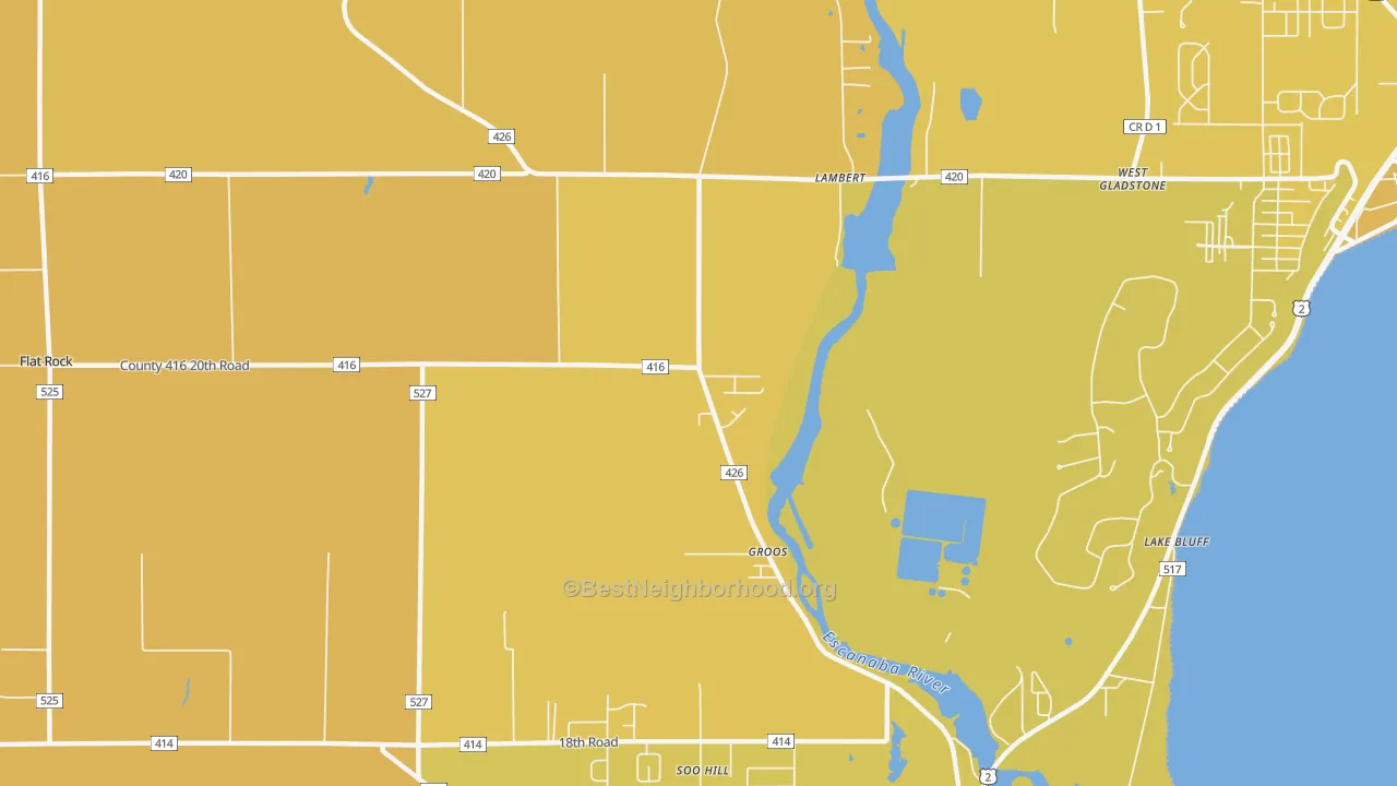 Map of the best neighborhoods in the Groos area, with better matches in green and worse matches in red
