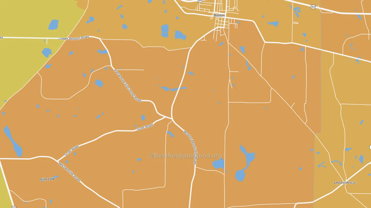 Map of the best neighborhoods in the Grooverville area, with better matches in green and worse matches in red