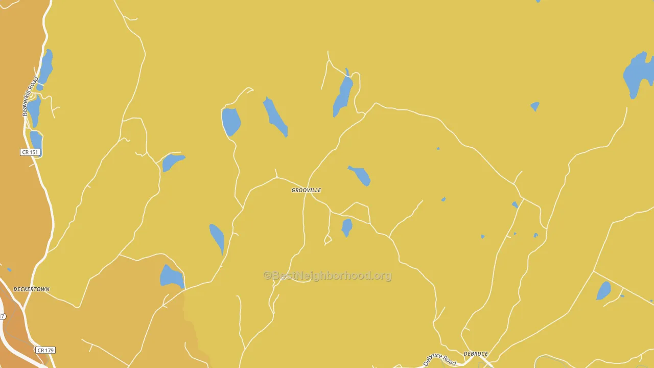 Map of the best neighborhoods in the Grooville area, with better matches in green and worse matches in red