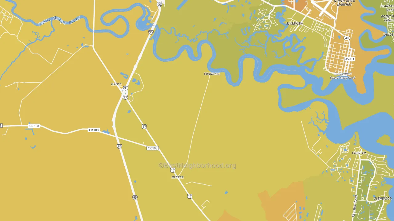 Map of the best neighborhoods in the Gross area, with better matches in green and worse matches in red