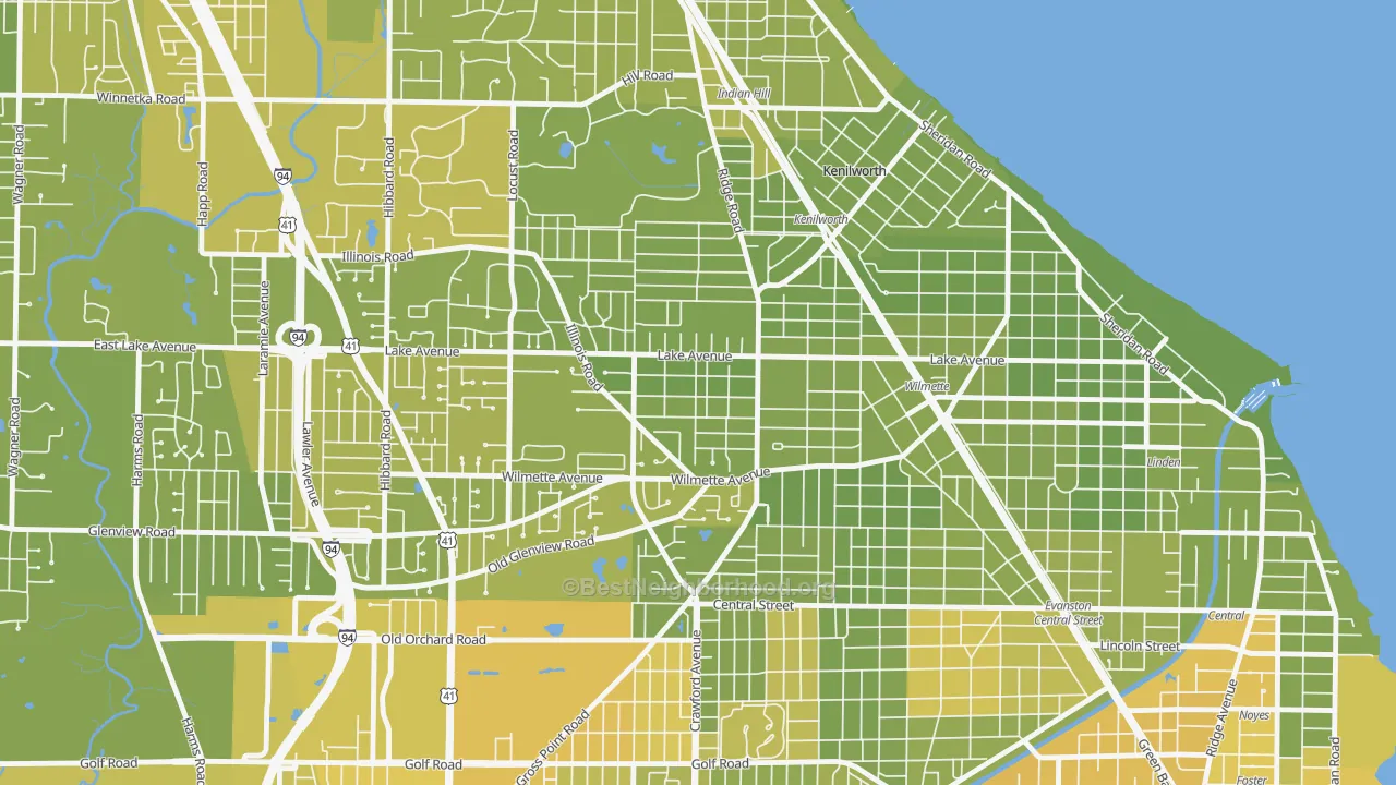 Map of the best neighborhoods in the Gross Point, Wilmette area, with better matches in green and worse matches in red
