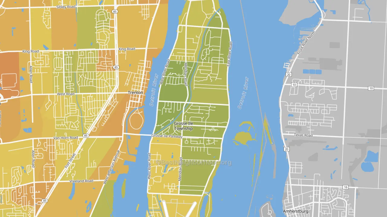 Map of the best neighborhoods in the Grosse Ile area, with better matches in green and worse matches in red