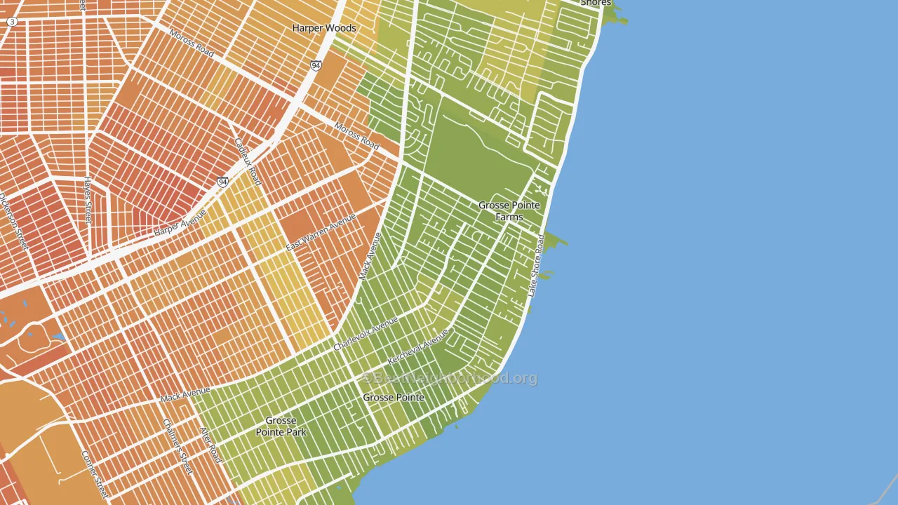 Map of the best neighborhoods in the Grosse Pointe Farms area, with better matches in green and worse matches in red