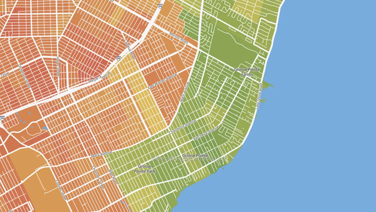 Map of the best neighborhoods in the Grosse Pointe area, with better matches in green and worse matches in red