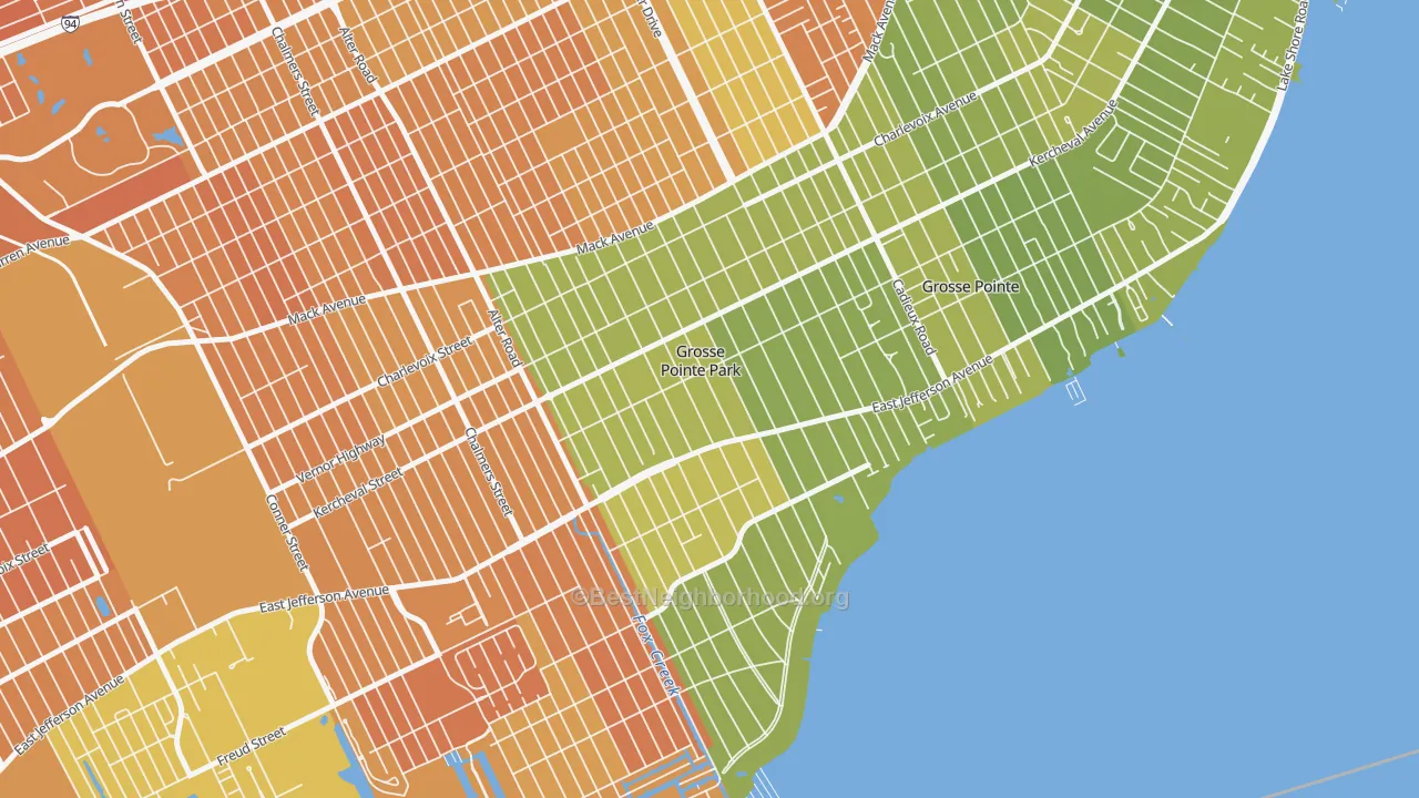 Map of the best neighborhoods in the Grosse Pointe Park area, with better matches in green and worse matches in red