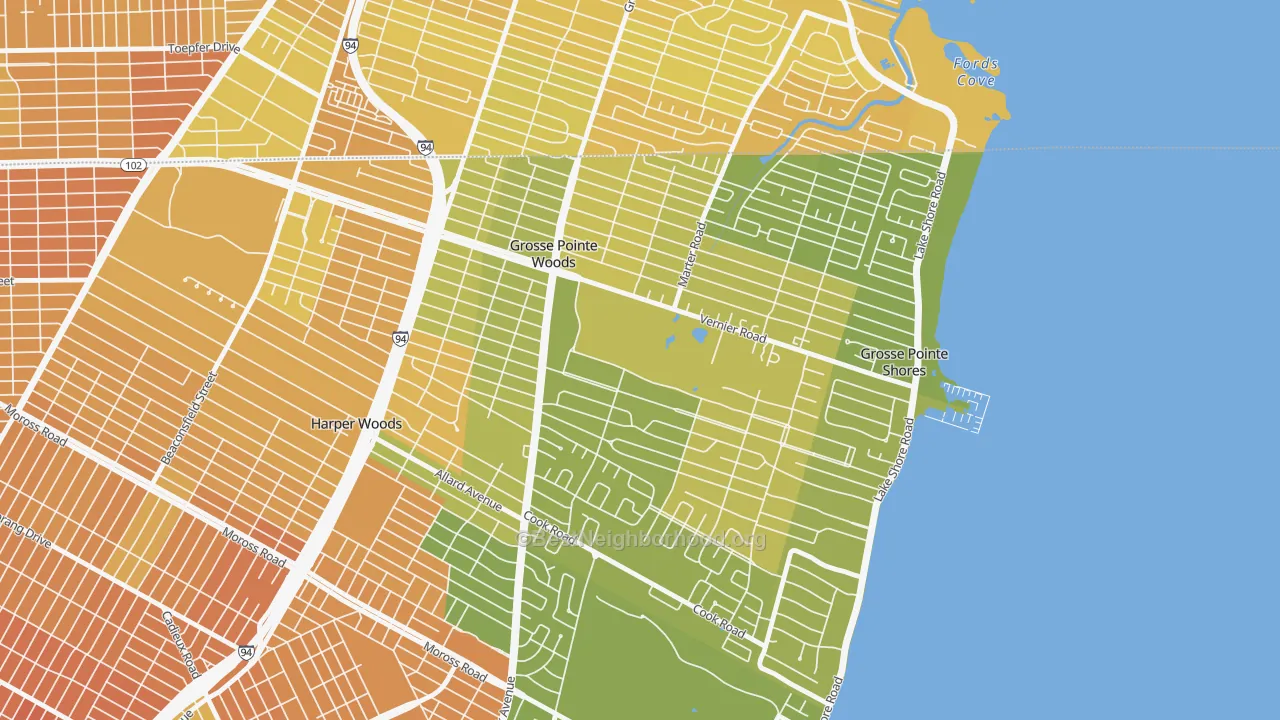 Map of the best neighborhoods in the Grosse Pointe Woods area, with better matches in green and worse matches in red
