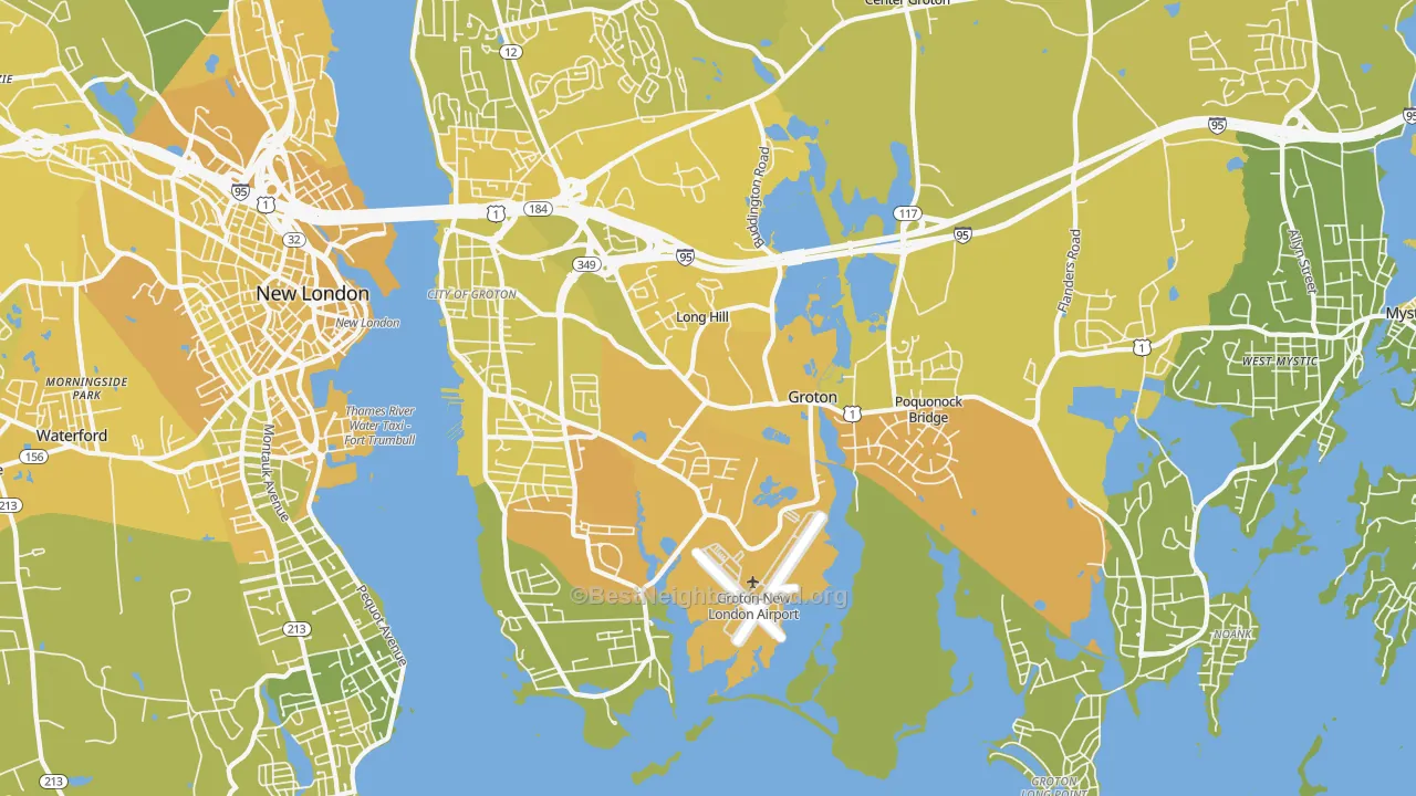 Map of the best neighborhoods in the Groton area, with better matches in green and worse matches in red