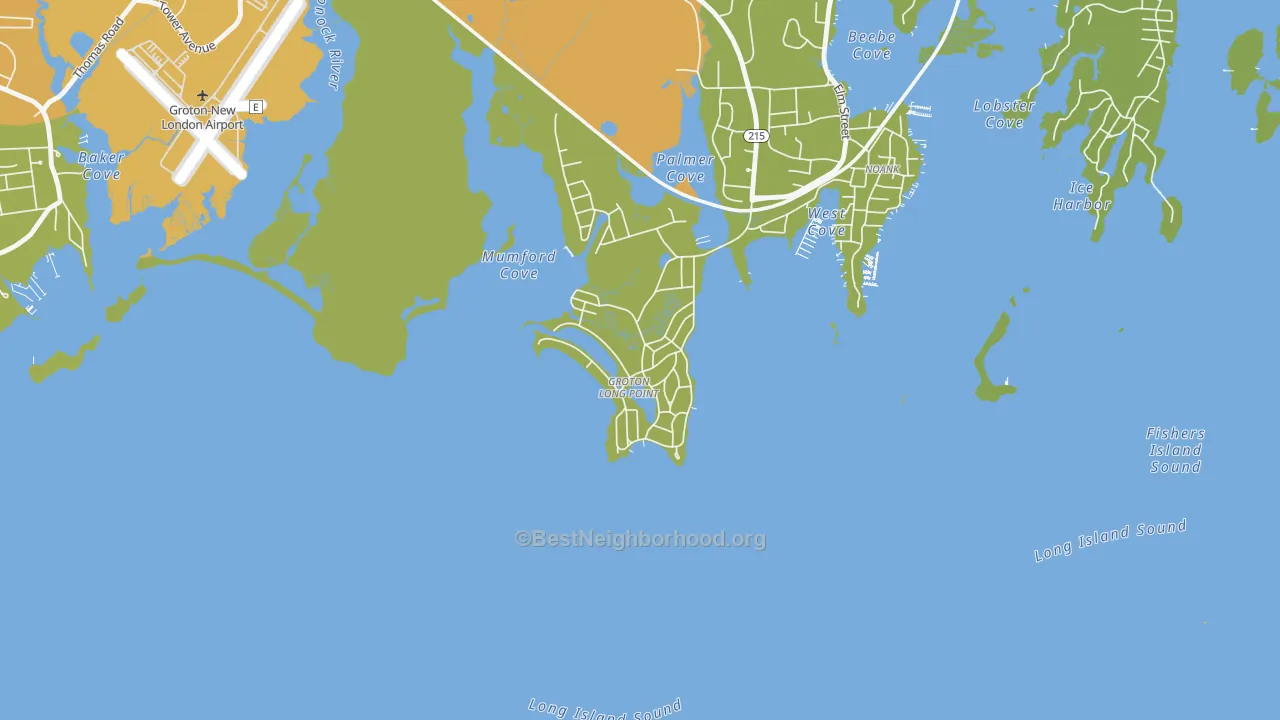 Map of the best neighborhoods in the Groton Long Point area, with better matches in green and worse matches in red