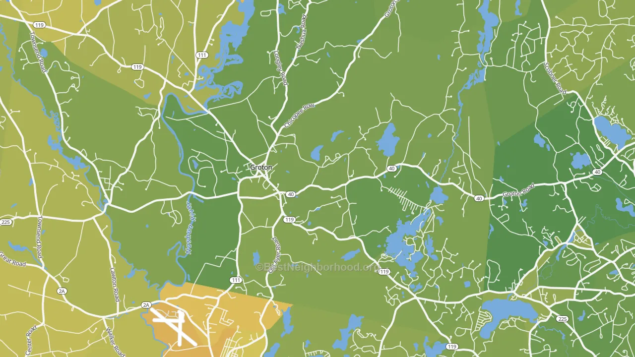 Map of the best neighborhoods in the Groton area, with better matches in green and worse matches in red