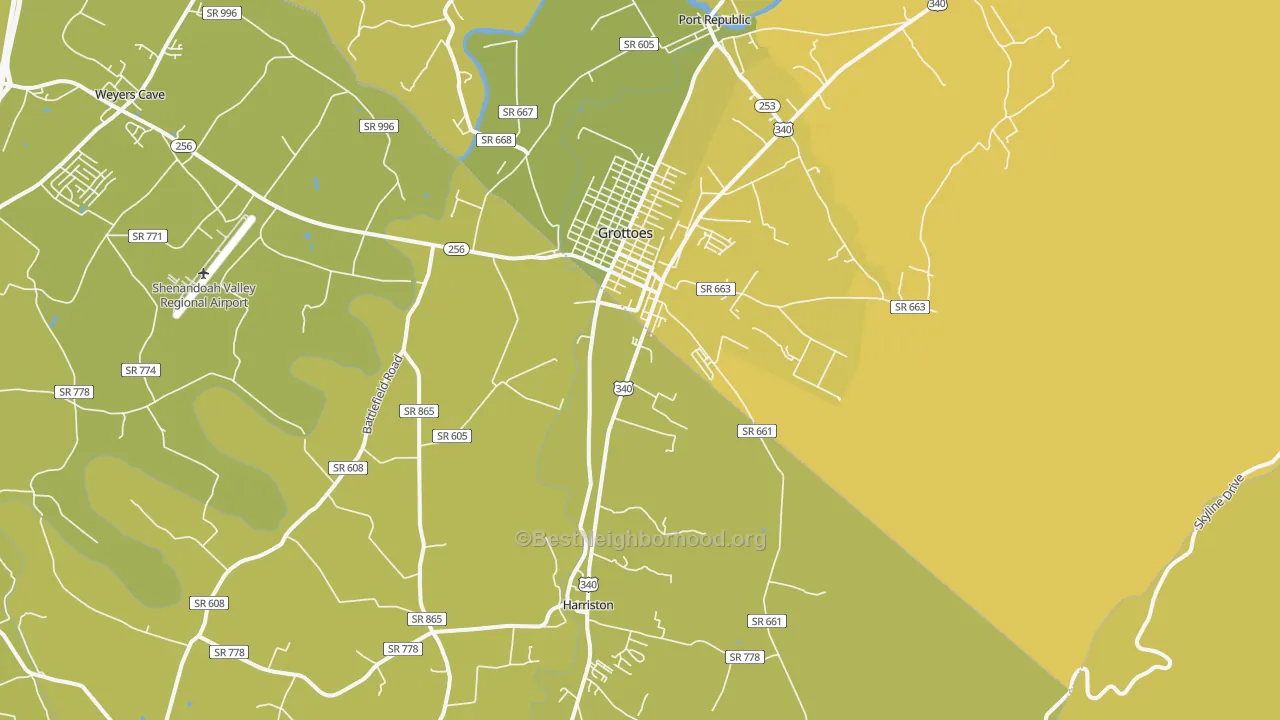 Map of the best neighborhoods in the Grottoes area, with better matches in green and worse matches in red