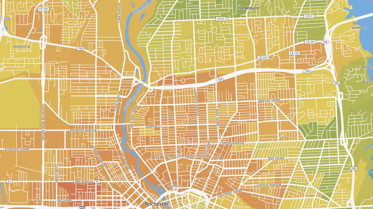 Map of the best neighborhoods in the Group 14621, Rochester area, with better matches in green and worse matches in red