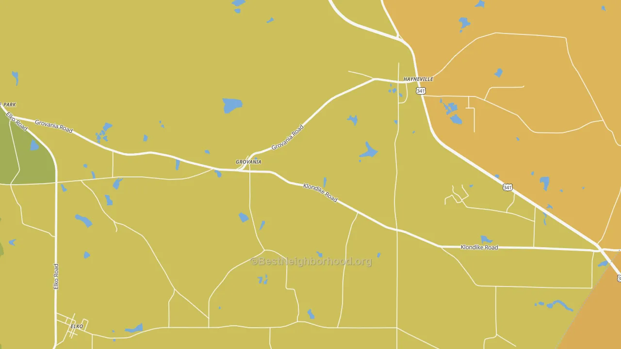 Map of the best neighborhoods in the Grovania area, with better matches in green and worse matches in red