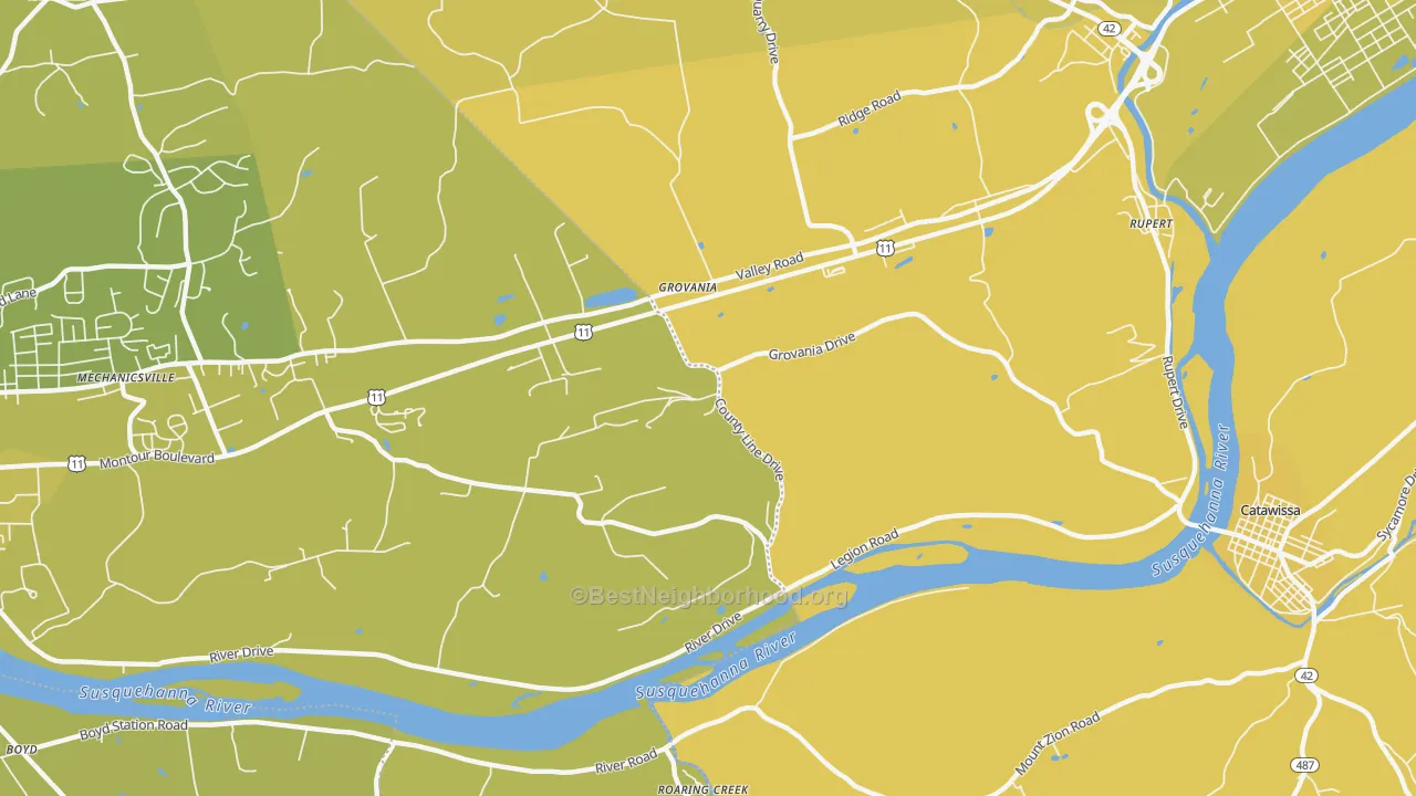 Map of the best neighborhoods in the Grovania area, with better matches in green and worse matches in red