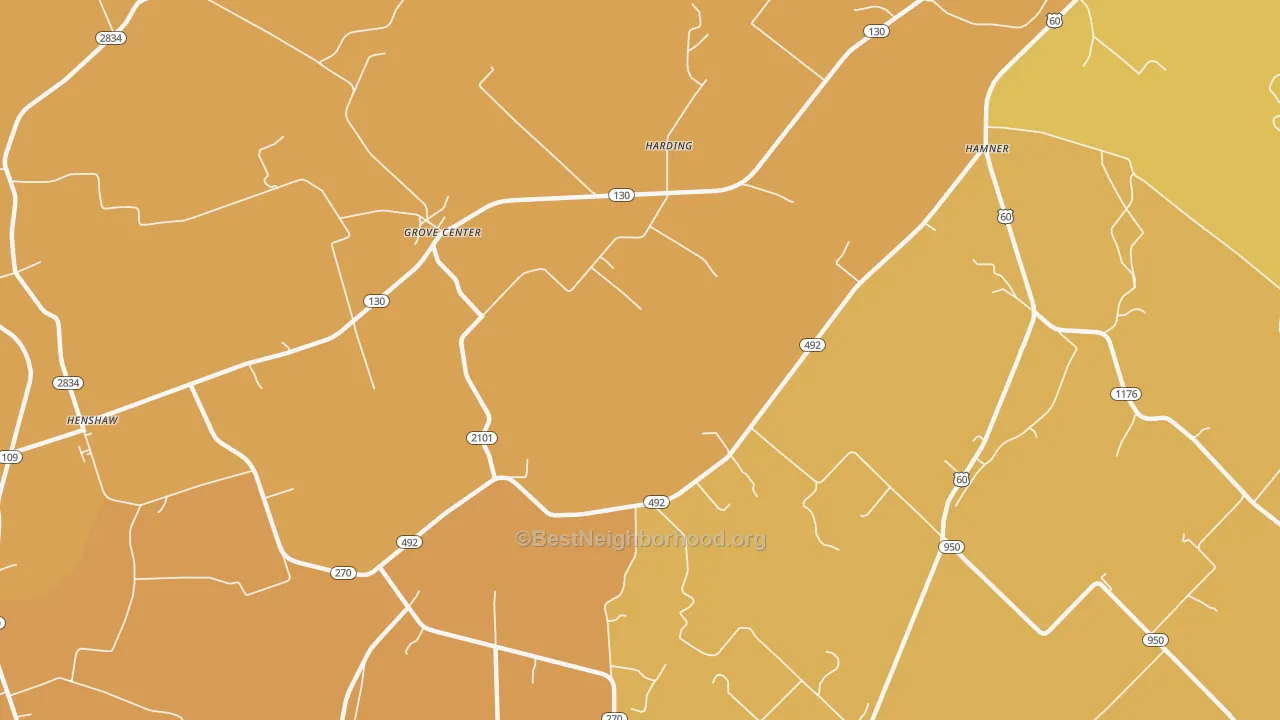 Map of the best neighborhoods in the Grove Center area, with better matches in green and worse matches in red