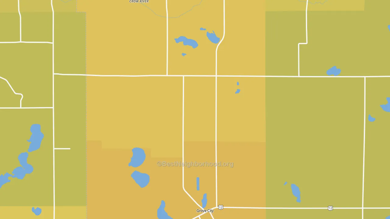 Map of the best neighborhoods in the Grove City area, with better matches in green and worse matches in red