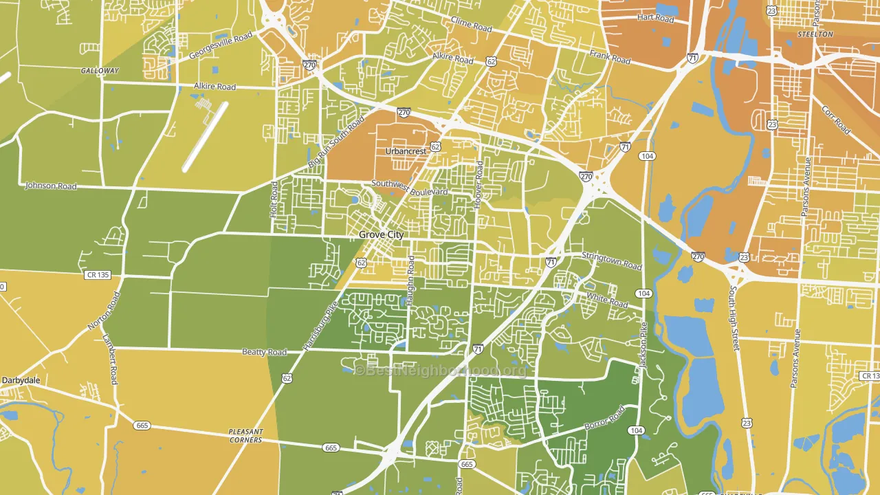 Map of the best neighborhoods in the Grove City area, with better matches in green and worse matches in red