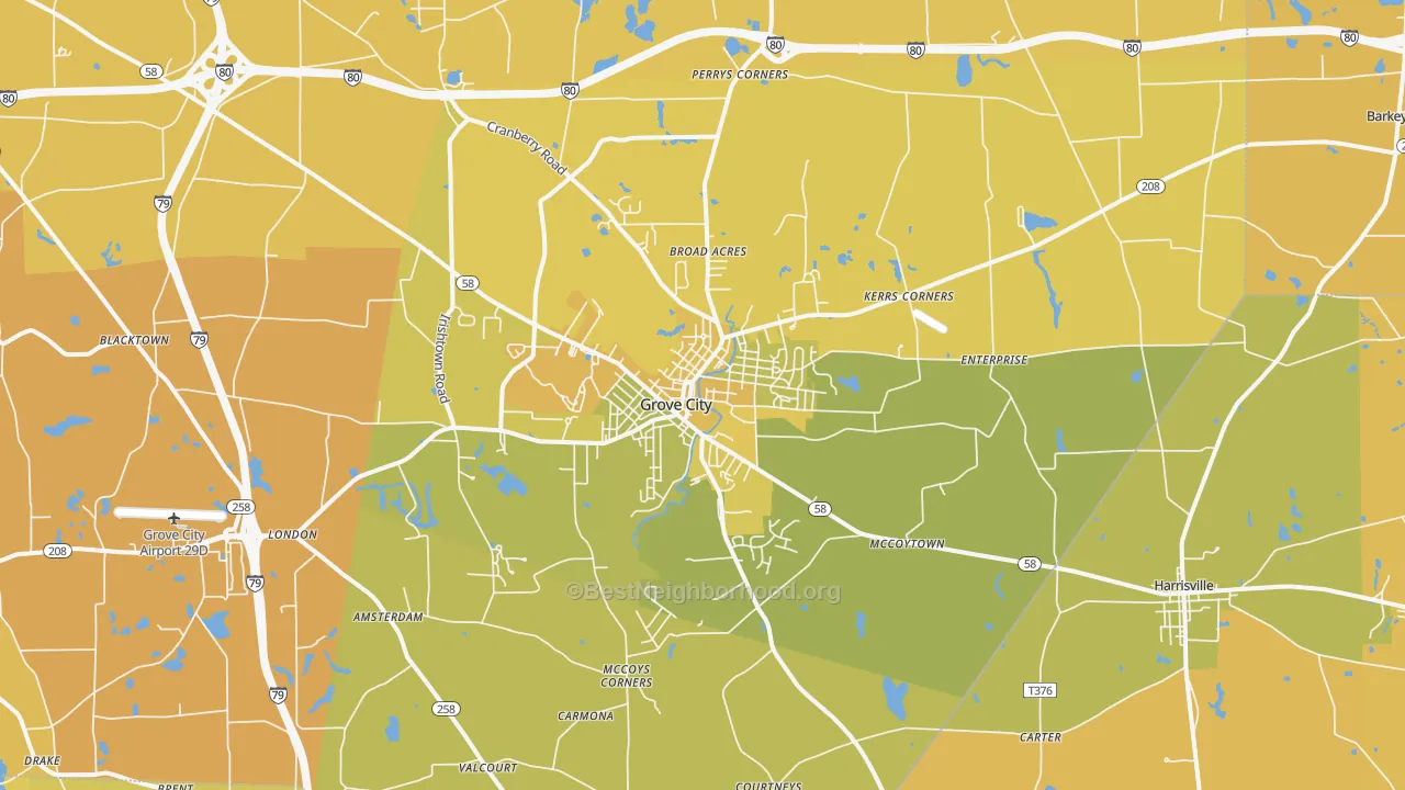 Map of the best neighborhoods in the Grove City area, with better matches in green and worse matches in red