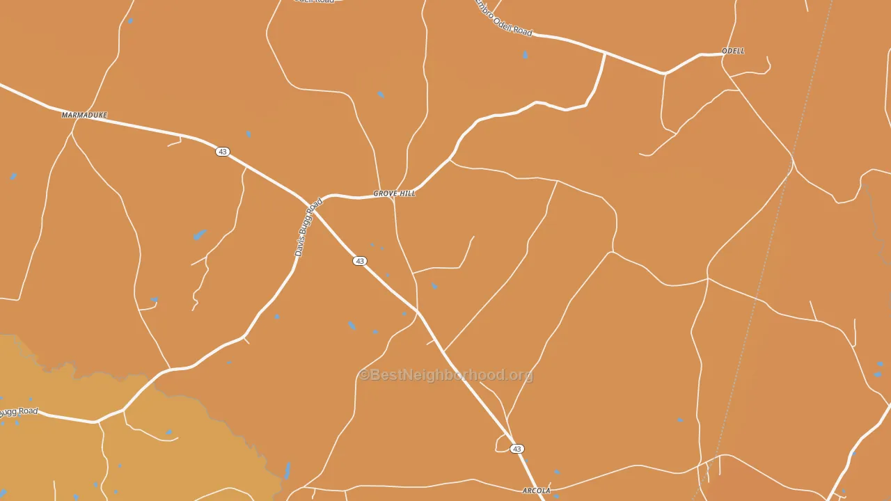 Map of the best neighborhoods in the Grove Hill area, with better matches in green and worse matches in red