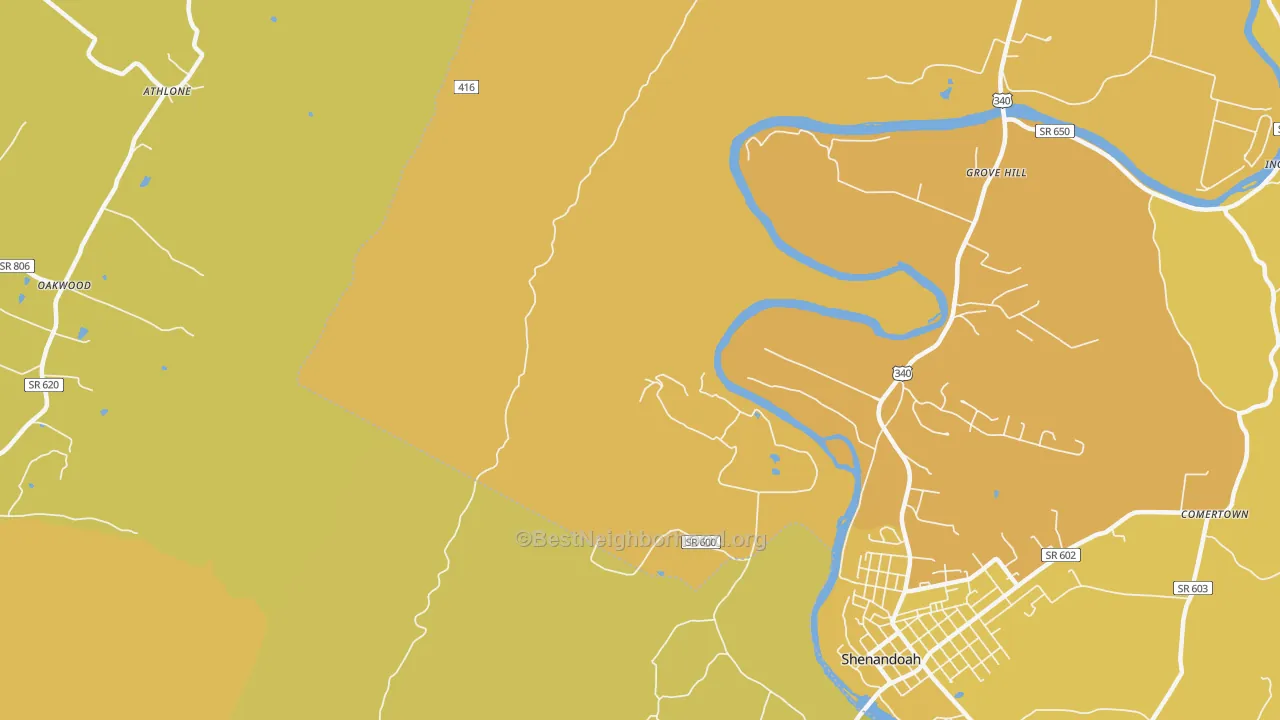 Map of the best neighborhoods in the Grove Hill area, with better matches in green and worse matches in red