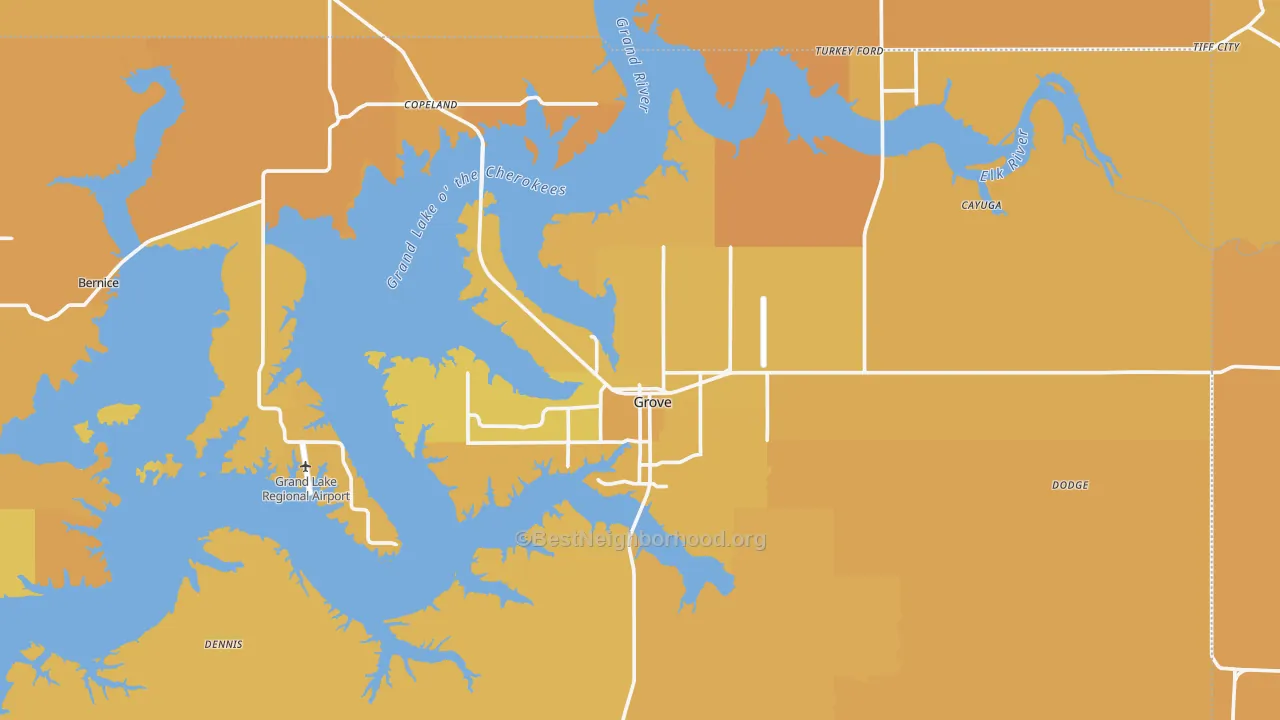 Map of the best neighborhoods in the Grove area, with better matches in green and worse matches in red