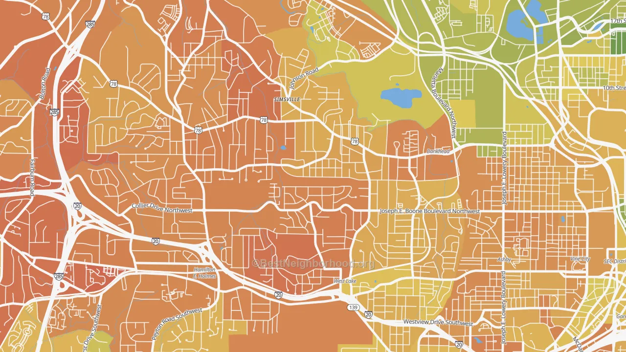 Map of the best neighborhoods in the Grove Park, Atlanta area, with better matches in green and worse matches in red