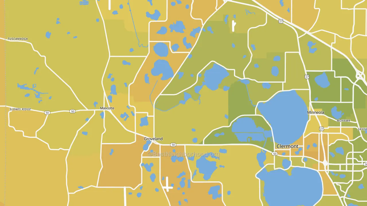 Map of the best neighborhoods in the Groveland area, with better matches in green and worse matches in red