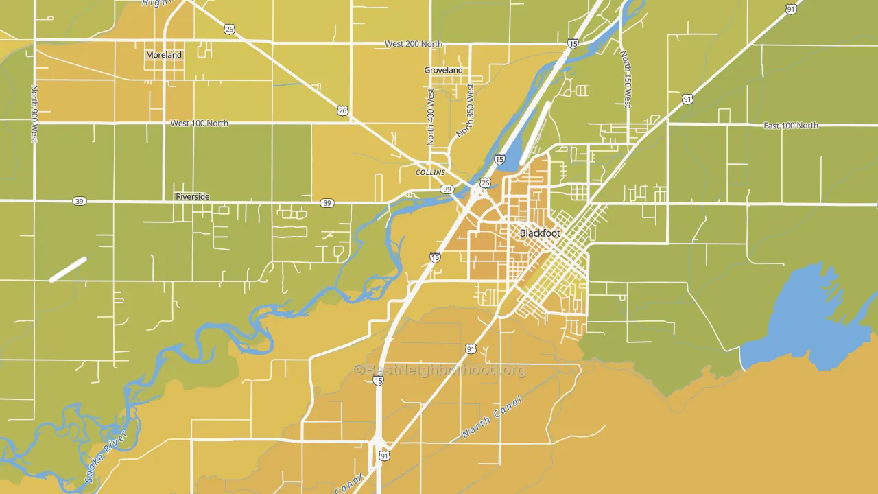 Map of the best neighborhoods in the Groveland area, with better matches in green and worse matches in red