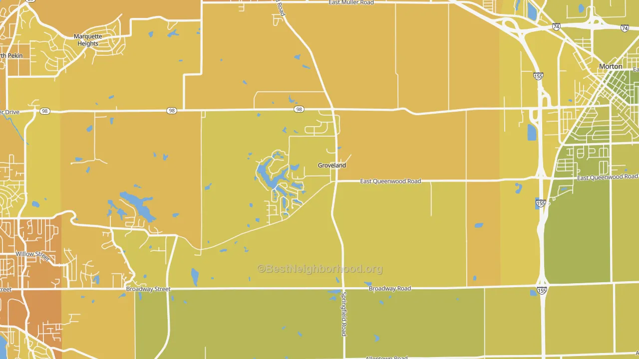 Map of the best neighborhoods in the Groveland area, with better matches in green and worse matches in red