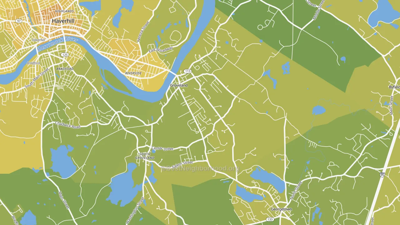 Map of the best neighborhoods in the Groveland area, with better matches in green and worse matches in red