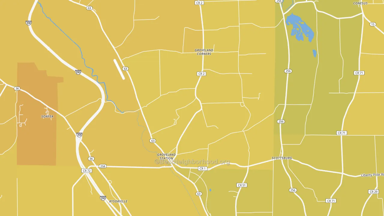Map of the best neighborhoods in the Groveland area, with better matches in green and worse matches in red