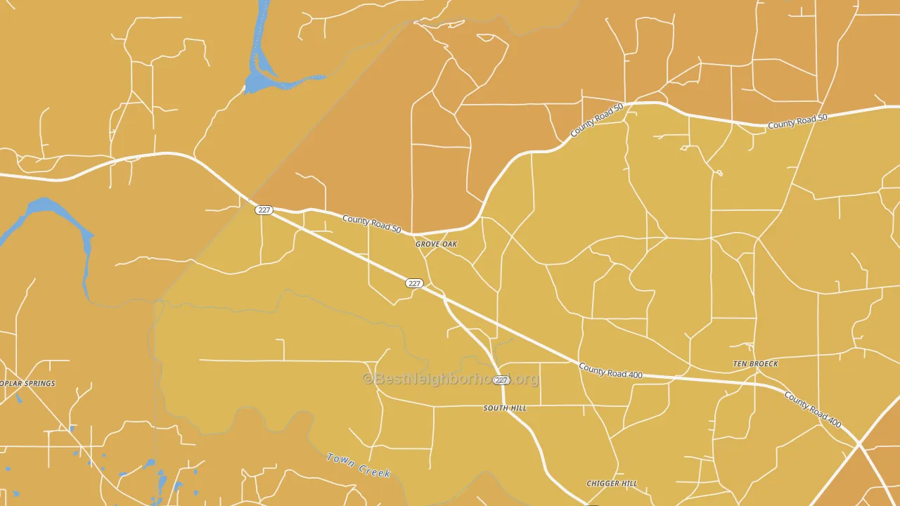 Map of the best neighborhoods in the Groveoak area, with better matches in green and worse matches in red