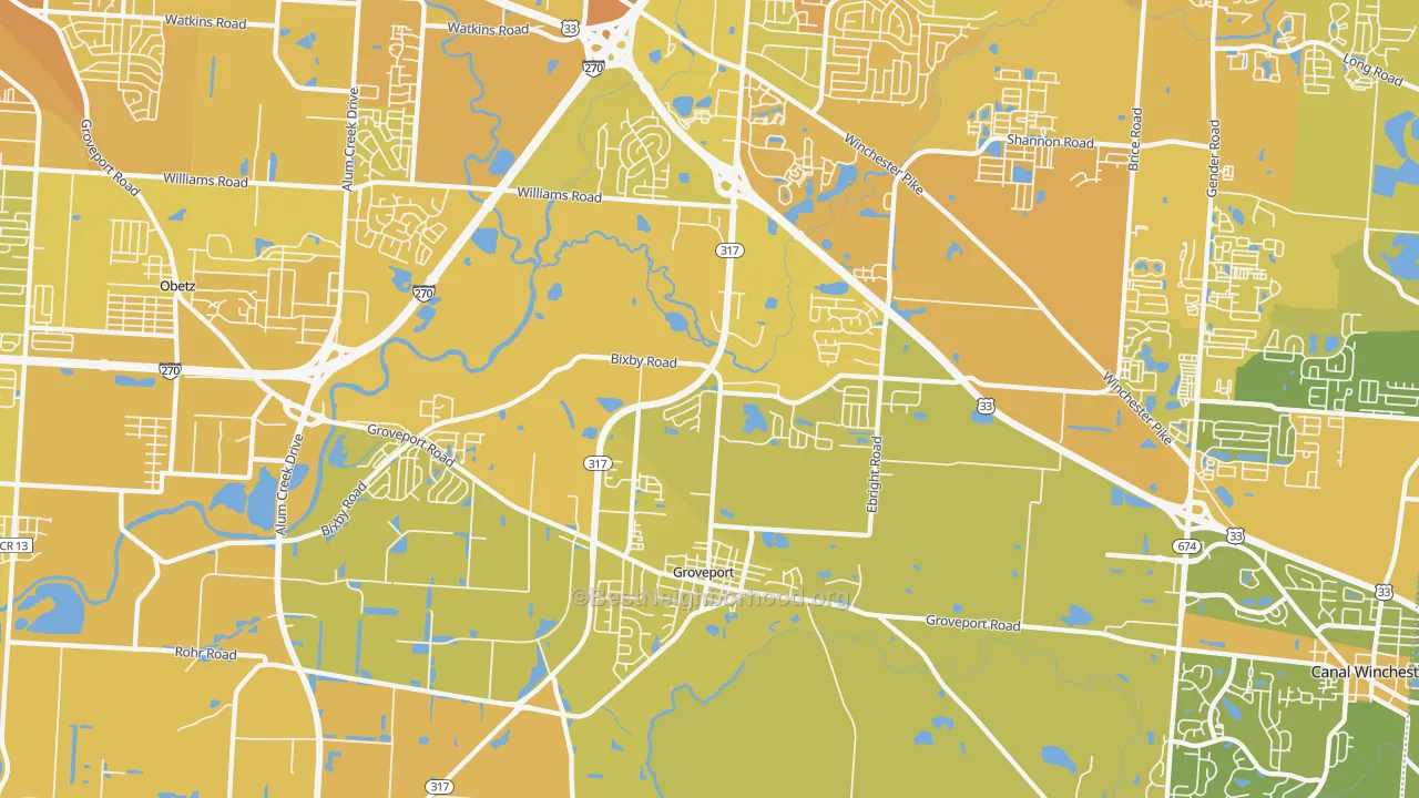 Map of the best neighborhoods in the Groveport area, with better matches in green and worse matches in red