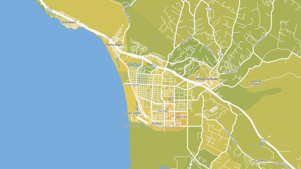Map of the best neighborhoods in the Grover Beach area, with better matches in green and worse matches in red