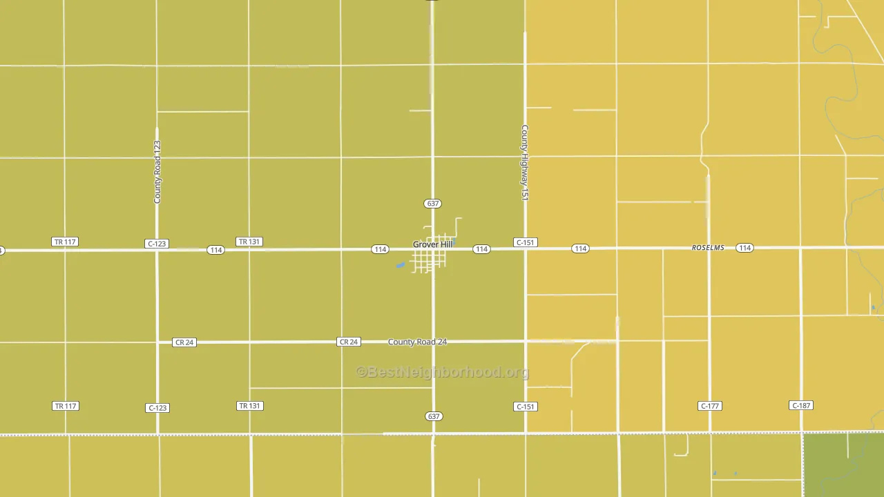 Map of the best neighborhoods in the Grover Hill area, with better matches in green and worse matches in red