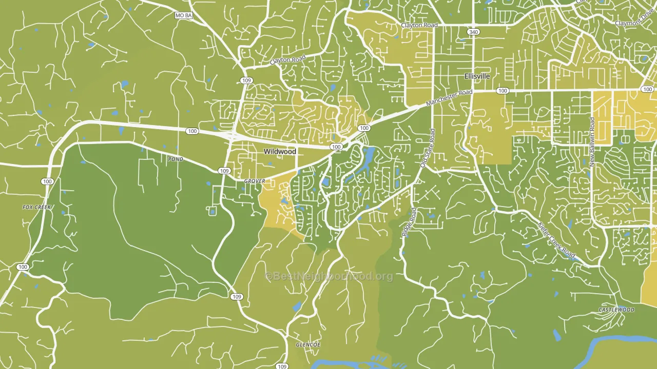 Map of the best neighborhoods in the Grover area, with better matches in green and worse matches in red