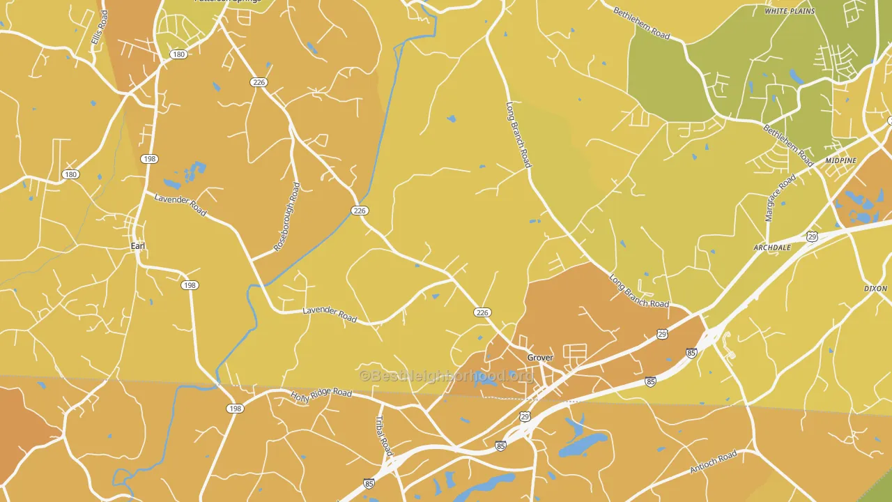 Map of the best neighborhoods in the Grover area, with better matches in green and worse matches in red