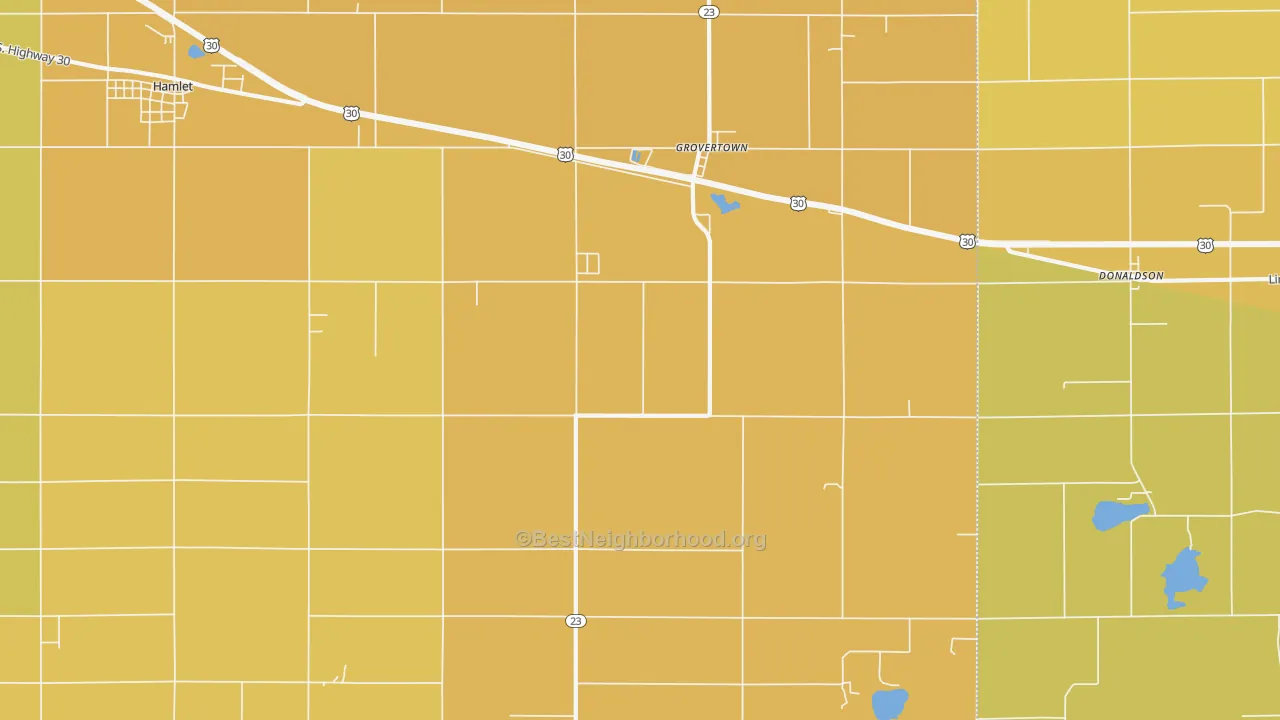 Map of the best neighborhoods in the Grovertown area, with better matches in green and worse matches in red
