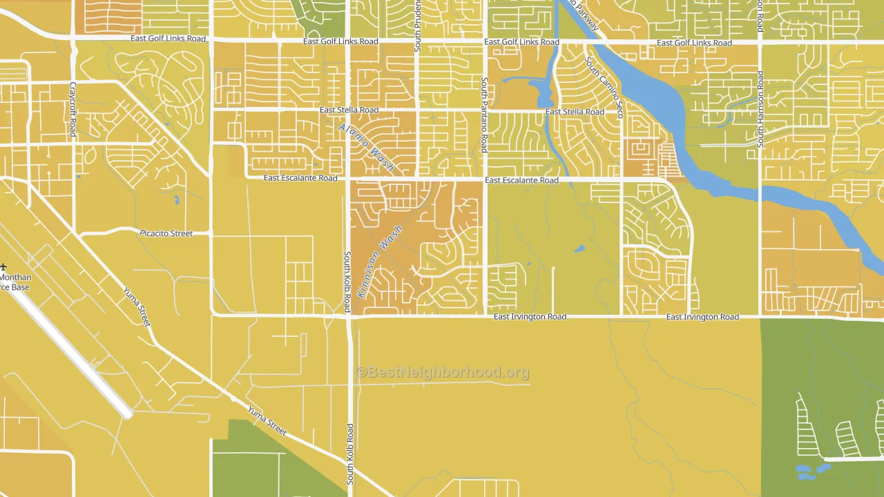 Map of the best neighborhoods in the Groves Lincoln Park, Tucson area, with better matches in green and worse matches in red