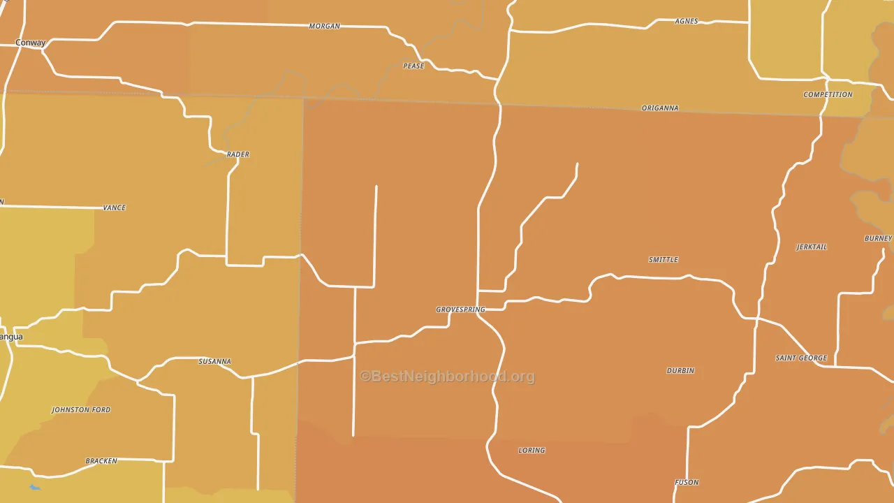 Map of the best neighborhoods in the Grovespring area, with better matches in green and worse matches in red