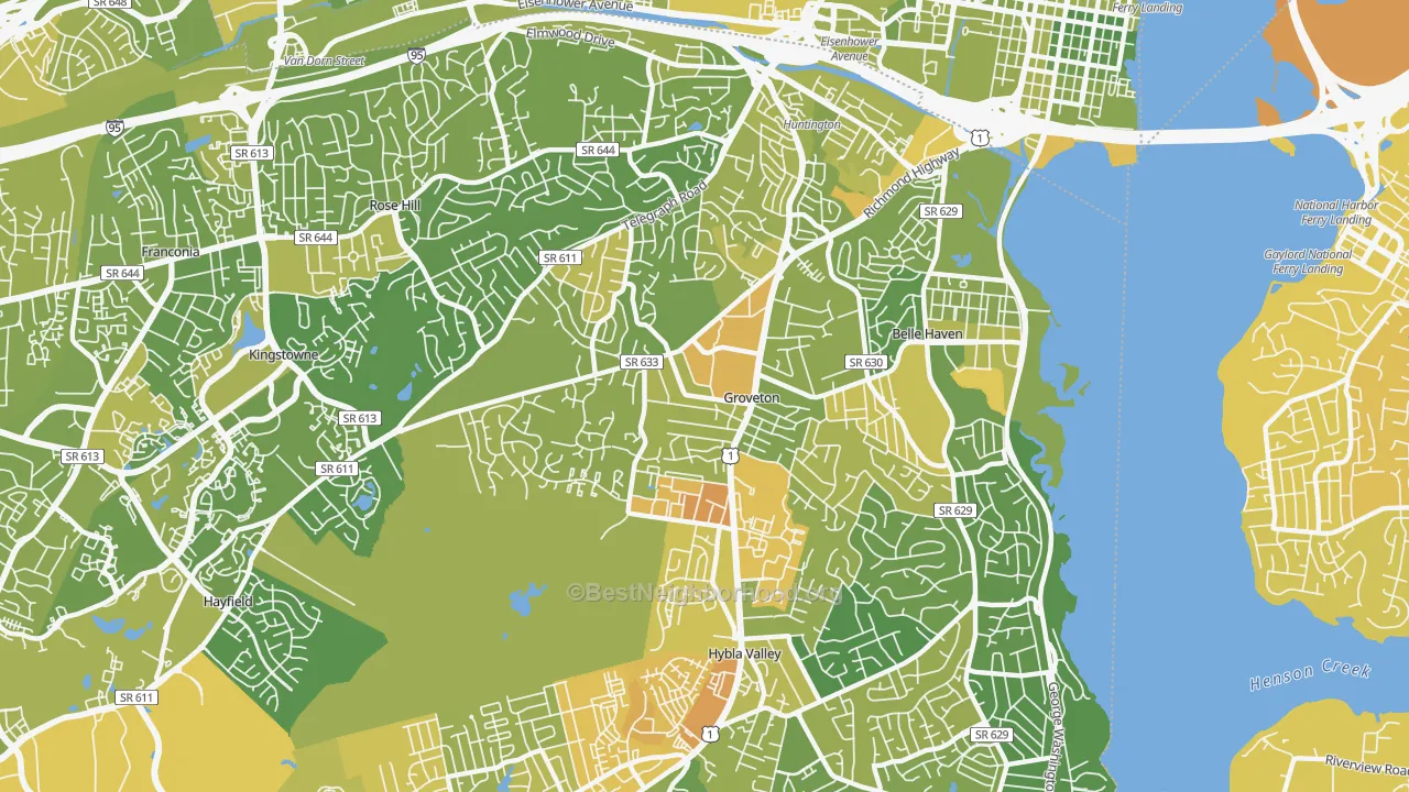 Map of the best neighborhoods in the Groveton, Alexandria area, with better matches in green and worse matches in red