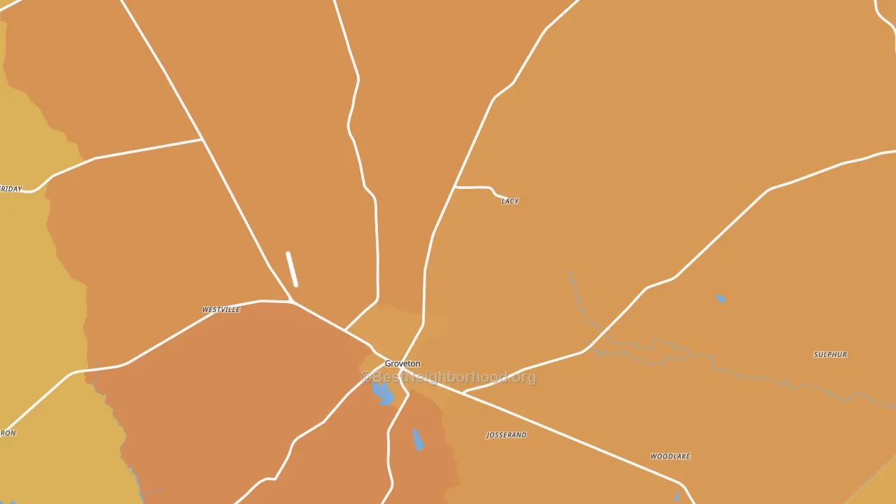 Map of the best neighborhoods in the Groveton area, with better matches in green and worse matches in red