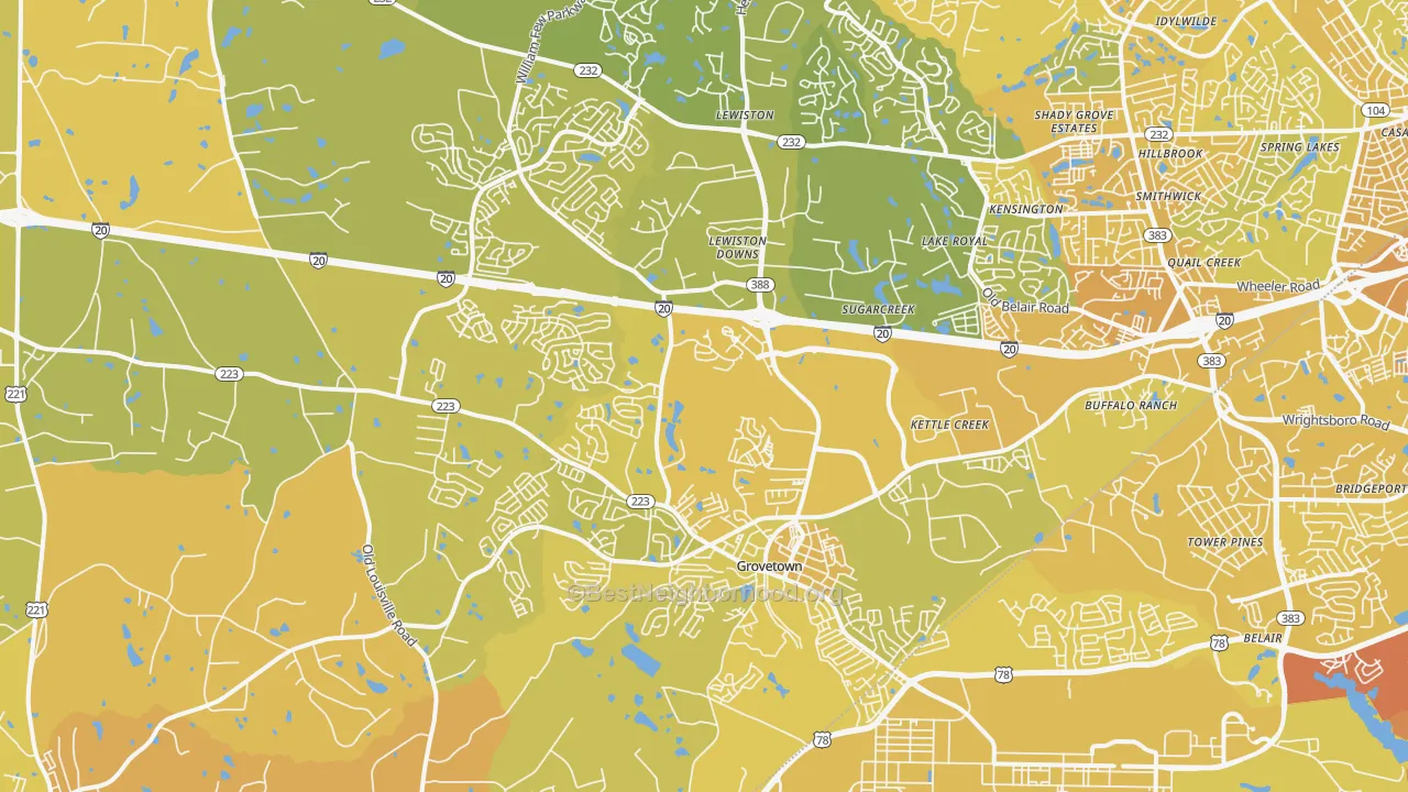 Map of the best neighborhoods in the Grovetown area, with better matches in green and worse matches in red