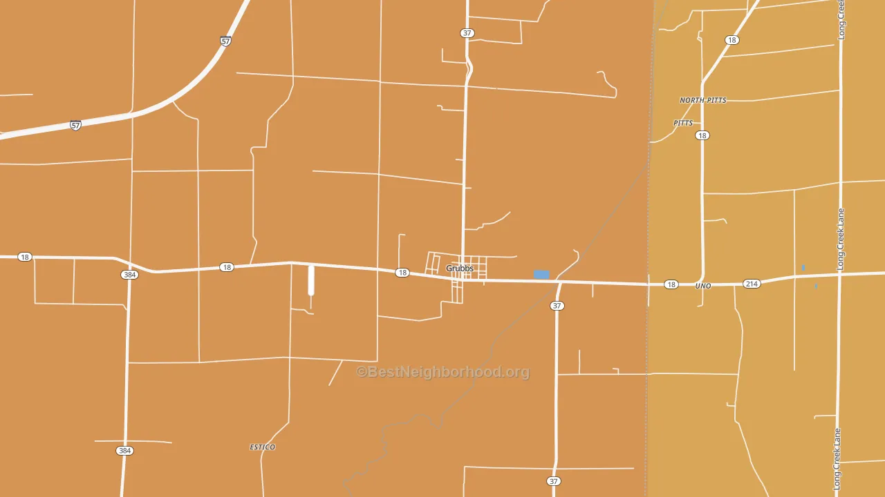 Map of the best neighborhoods in the Grubbs area, with better matches in green and worse matches in red