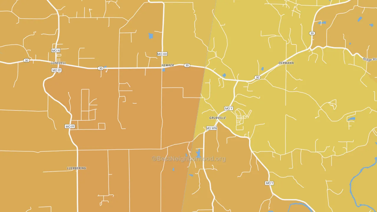 Map of the best neighborhoods in the Grubville area, with better matches in green and worse matches in red