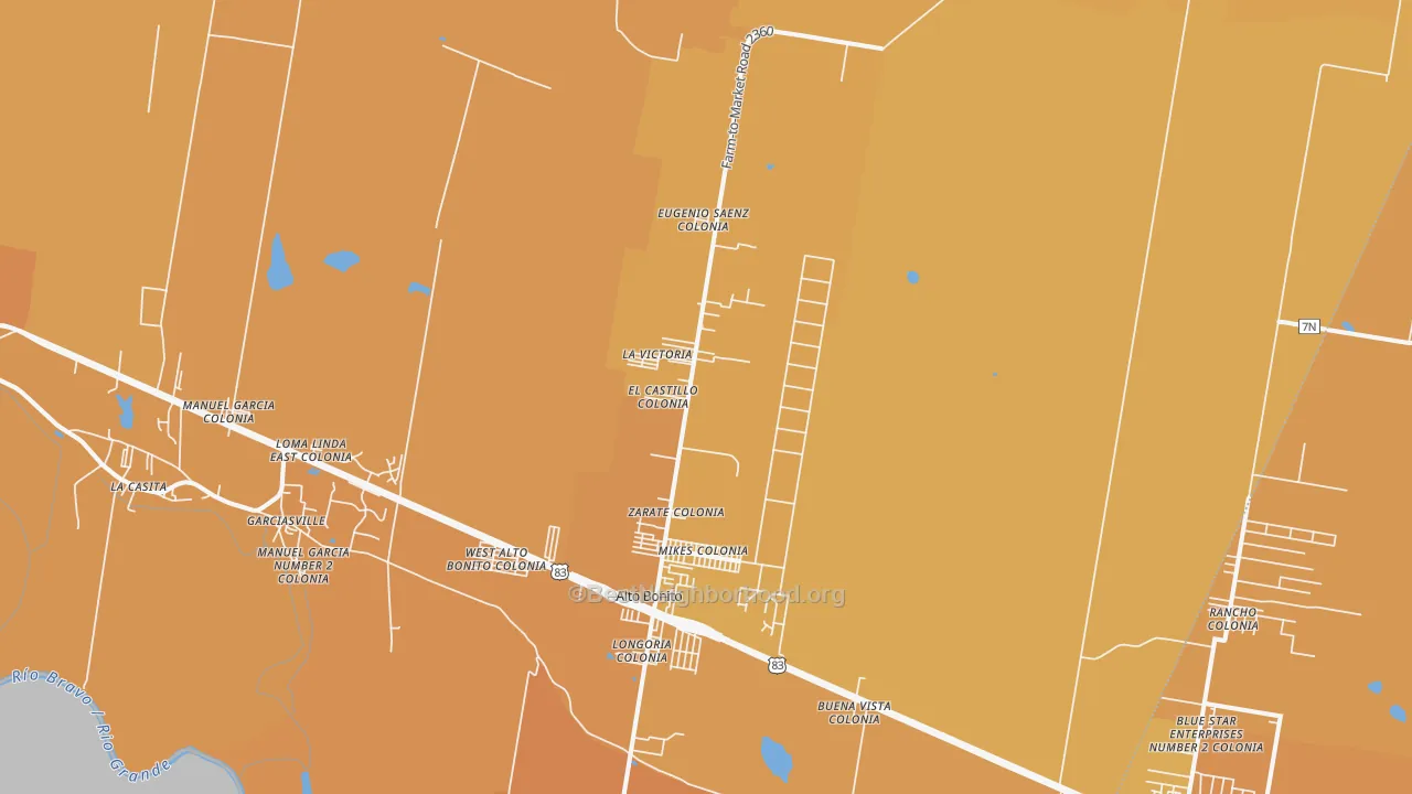 Map of the best neighborhoods in the Grulla area, with better matches in green and worse matches in red