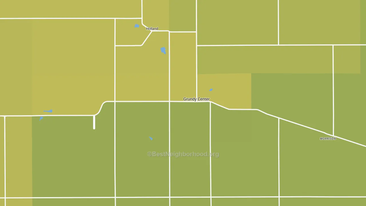 Map of the best neighborhoods in the Grundy Center area, with better matches in green and worse matches in red